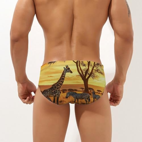 Giraffes Zebras African Savannah Sunset Mens Swim Briefs Bikini Sexy Low Rise Trunks Swimsuit Bathing Suit Beach2