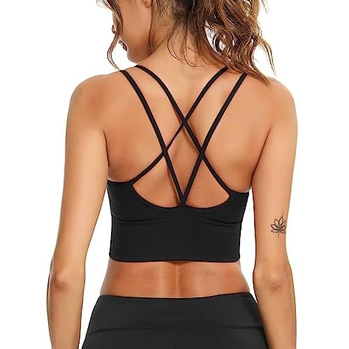 Sykooria Sport BH Damen Gepolstert Bustier Damen BH ohne Buegel Spaghettiträger Cross Back Design Push up BH Sport Bra Top für Yoga Fitness, Schwarz S