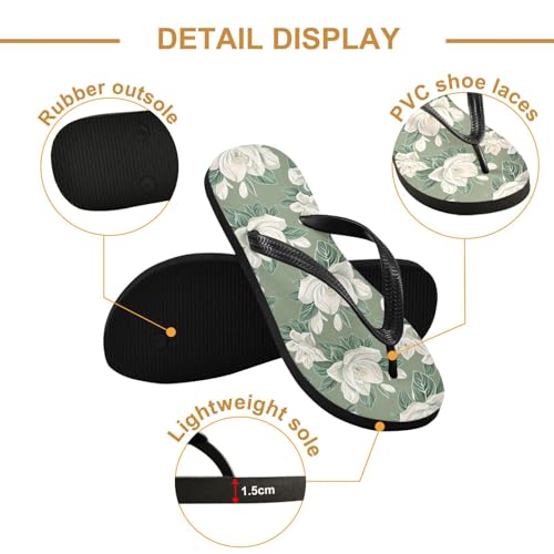 White Flower Leaves Flip Flops for Beach Thong Sandals Anti-slip Lightweight Shower Shoes for Indoor Outdoor House3