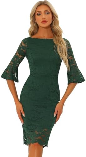 Allegra K Lace Sheath Dress for Women's Boat Neck Bell Sleeve Vin...