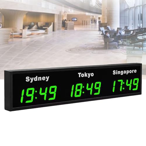 Grande orologio mondiale digitale a LED, orologio mondiale con fusi orari 3/4/5 montato a parete, orologio mondiale con fusi orari per città, hotel, multinazionali, orologio da parete Green-3City