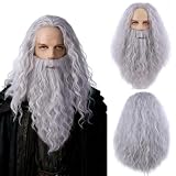 RightOn Grey Wig Men Wig Long Curly Wigs with Mustache Cosplay Costume Party Wigs Halloween or Cosplay