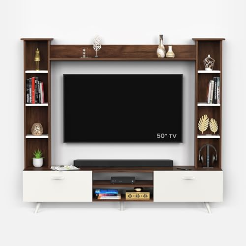 Image of BLUEWUD Pinn Modern TV Unit /TV Stand /TV Cabinet Panel /Entertainment Center with Storage & Display Shelves for Books & Decor, Living Room Fits Upto 60 Inches - (Brown Maple /White) (Pinn Modern TV Unit)