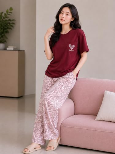 Image of Women's 2-Piece Pajama Set - Short Sleeve Top & Pants Lounge Set, Soft Breathable Sleepwear Night Suit for Women