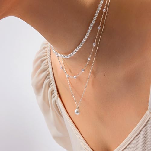 Image of Zeffy Gold Pearl Necklace for Women, Dainty 14K Gold /Silve Plated Layered Pearl Choker Pearl Earrings Pearl Bracelets Wedding Trendy Gold Jewelry Set for Women Gifts