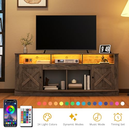 DWVO TV Stand for 75/80 Inch TV, Entertainment Center, LED Light Media Console, TV Cabinet with Barn Doors and Power Outlet for Living Room, Washed Grey