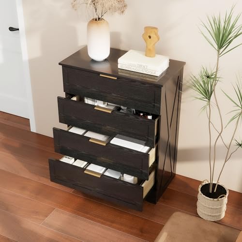 FTZxHKLX Modern 4 Drawer Dresser for Bedroom, Tall Bedroom Dresser with Large Drawer & Rose Gold Handles, Wooden Storage Organizer Cabinet Chest of Drawer for Closet, Living Room, Hallway, Black — view 5