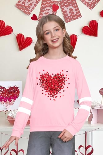 Image of LAZYCHILD Kids Valentine Shirt Girls Valentines Day Shirts Heart Graphic Long Sleeve Striped Tee Tops 5-14 Years