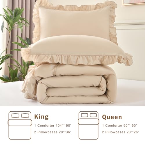 Cupocupa Beige Full Comforter Set, 3Pcs Ruffle Farmhouse Bedding Sets with Comforter & Pillowcases, Soft Shabby Chic Lightweight Fluffy Comforter Set for All Season Bedroom Decor (Beige, F) by Cupocupa - Used condition - Image 6