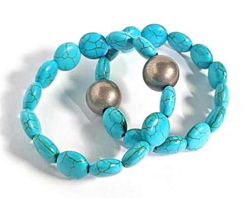 Pressure Bands Acupressure Bracelets for Nausea Relief - Motion and Morning Sickness, Sea and Travel Sickness - Turquoise Howlite - Set of 2 (M: 6 1/2-6 3/4" Wrist, White / Bronze)