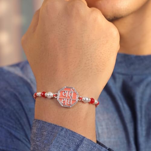 Image of Peora Rakhshabandhan Thread Rakhi for Brother Bhaiya | Crystals & Kundan Studded | Combo, Set of 3 | Rakhi Hamper with Roli Chawal & Greeting Card