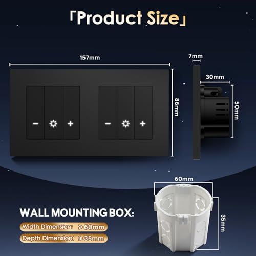 BSEED Doppel WiFi Dimmer Schalter,1 Fach 1 Weg Smart Dimmschalter,PC Rahmen,Kompatibel mit Amazon Alexa & Google Home,Lichtschalter Dimmbar f&uuml;r led lampen 240V Schwarz(Neutralleiter Erforderlich)