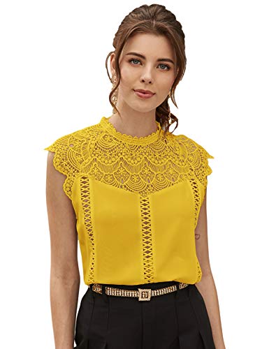 SheIn Women's Elegant Cap Sleeve Keyhole Contrast Lace Blouses Tops Mustard Yellow Medium