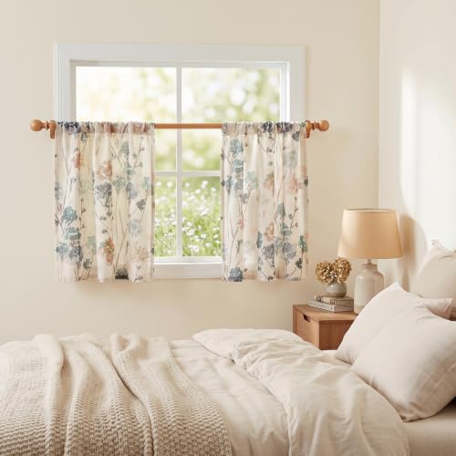 Image of MYSKY HOME Floral Linen Kitchen Tier Cafe Curtains 36 Inch Length 2 Panels Farmhouse Semi Sheer Privacy Small Window Treatments Rod Pocket for Bathroom Basement, Brown, 30 inch Each Panel