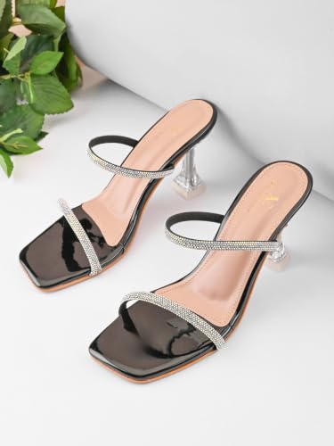 Image of XE Looks Women's Rhinestone Double Strap Slip-On Heeled Sandals with Transparent Sculpted Heel | Soft Cushioned Footbed | Elegant Open Square Toe Sandals for Girls & Women