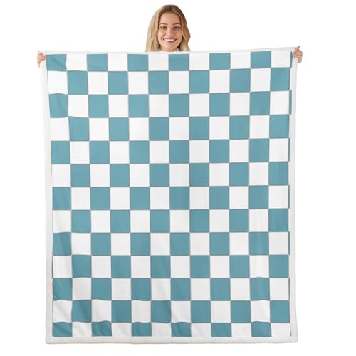 Image of Erosebridal White Blue Checkered Boys Throw Blanket 40 inchX50 inch Buffalo Plaid Grid Kids Fleece Bed Blanket Teen Men Checkerboard Sherpa Blanket Aesthetics Gingham Flannel Blanket