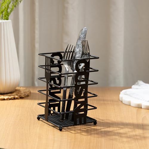 Image of DULI Multi Utility Iron Cutlery & Bathroom Stand with Cuisine Design | Black Coated Metal Organizer for Kitchen Utensils, Spoons, Forks & Bathroom Accessories (10 x 10 x 15 cm) (Cuisine Stand)