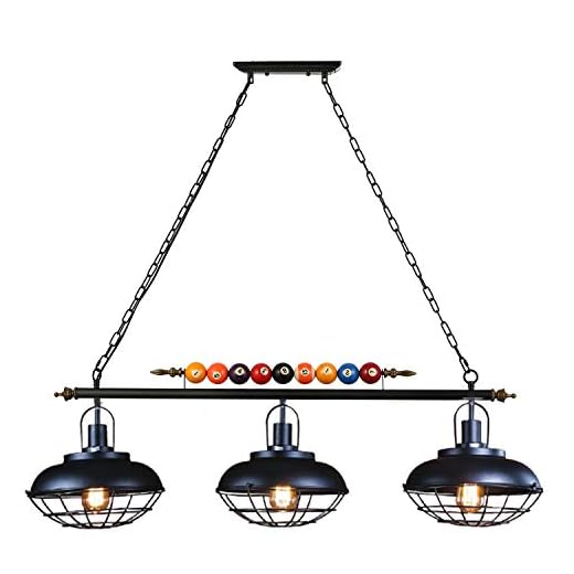 LAKIQ Industrial Hanging Island Lighting Fixture 3 Lights Vintage Pool Table Pendant Light Bowl Cage Shade with Billiard Ball Decoration for Kitchen Dining Table Gaming Room Restaurant