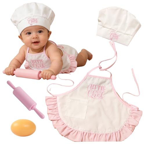 4 Pack Newborn Chef Outfit Photography Props Chef Hat Apron Mini Silicone Rolling Pin and Egg Prop for 0-6 Months Memory Photography (Pink)