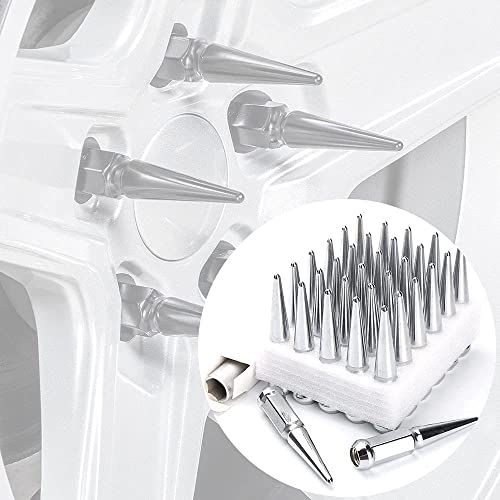 Image of 24Pc 6 inch Tall Chrome M14x1.5 Solid Steel XL Spike Lug Nut+Key Fit for GMC Model and Gift Set 4 Pcs Chrome Aluminum Tires Valve Stem Cover Caps