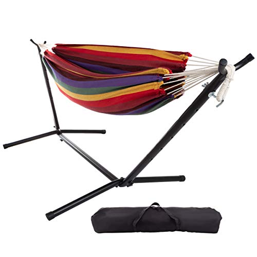 Double Brazilian Hammock With Stand Included – Woven Cotton, 2-Person, Outdoor Swing With Frame For Camping, Backyard, Or Patio By Pure Garden (Red, Purple & Yellow) #TOP13
