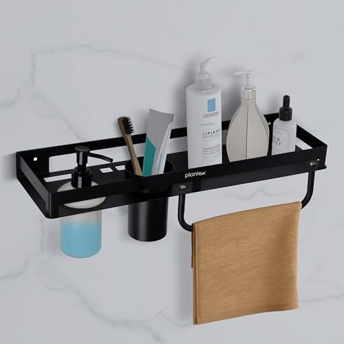 Image of Plantex 4in1 Bathroom Shelf for Wall /Stainless Steel Multifunctional Rack for Bathroom with Tumbler Holder /Liquid Soap Dispenser /Napkin Holder /Bathroom Accessories Set (Matt Black)
