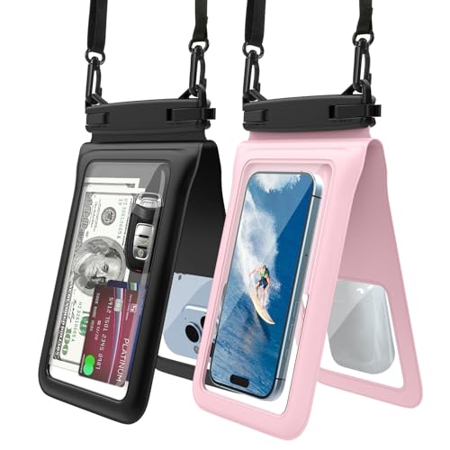 MoKo スマホ防水ケース 【タブル収納ケース・防水IP68 認証】 黒白2個セット 完全防水 ビニール製 2台スマホ/クレジットカード/現金/鍵など共に収納対応 iPhone17/16/15/14/13/GalaxyS25Ultraなど7インチ以下のスマホに対応 タッチパネル操作可 首掛けストラップ付 浴室/お風呂/プール/海水浴 Black&Pinkの商品画像（Amazon）