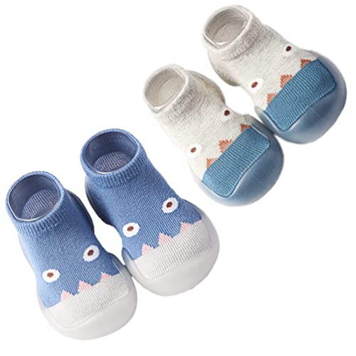 Chicone 2 Pairs Baby Socks Anti Skid Rubber Soft Sole Infant Slippers Prewalker Shoes (Blue&Grey, 3-6 Months), 3 Months
