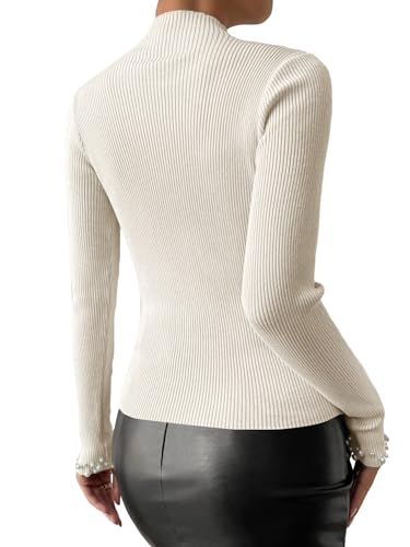 Image of WDIRARA Women's Pearls Beaded Rib Knit Mock Neck Long Sleeve Tops Slim Fit Tee Shirt