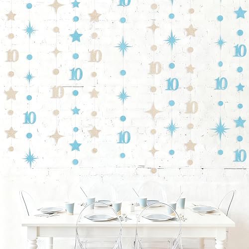 Image of Champagne Gold Blue 10th Birthday Decorations Number 10 Circle Dot Star Garland Streamer Banner Backdrop for Girls Boys Double Digits Cheers to 10 Years Old Birthday 10th Anniversary Party Supplies