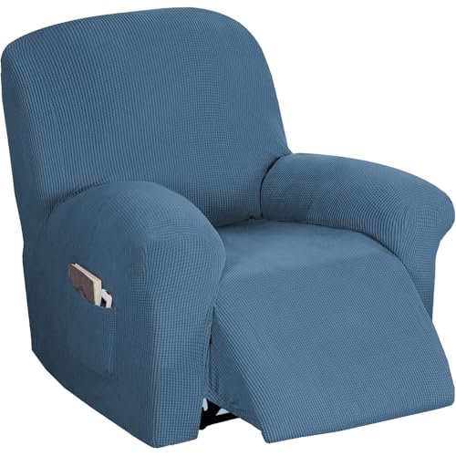Flamingo P Stretch Recliner Chair Cover Recliner Cover for Electric/Manual Style Furniture Cover for Reclining with Side Pocket Soft Checked Jacquard Fabric Form Fitted Standard/Oversized - Dusty Blue