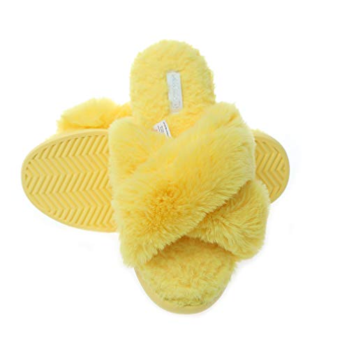 Slippers for Women Fashion Cross Band Plush Anti-Skid Memory Foam Slip On Fuzzy Slides Indoor Outdoor (9-10 L US, Yellow)3