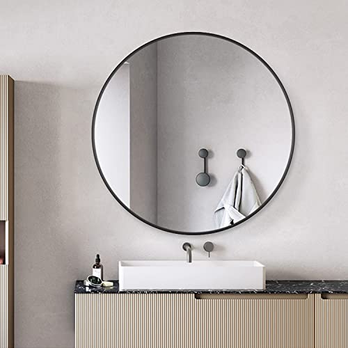 Amazing Tour 50cm Large Modern Round Mirror Black Brushed Frame Wall Mirror Metal Framed HD Glass Wall for Makeup Bathroom Living Room - Image 3