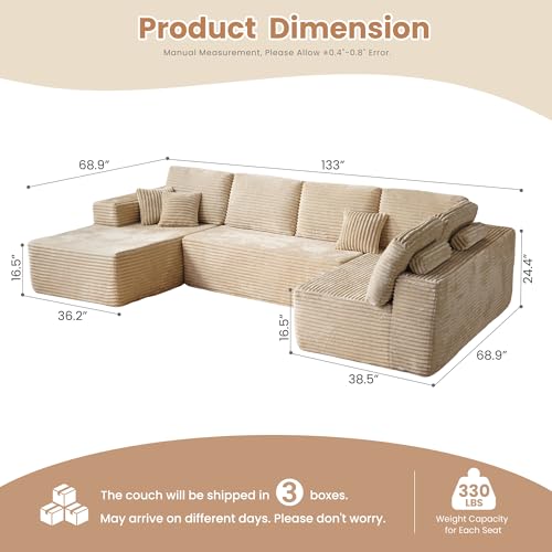 Image of HOOOWOOO Cloud Sectional Couches for Living Room,Modular Sectional Sofa No Assembly,133X70 Inch Plush Corduroy Large U Shaped Floor Couch Set with Deep Seat Chaise Lounge(Beige)