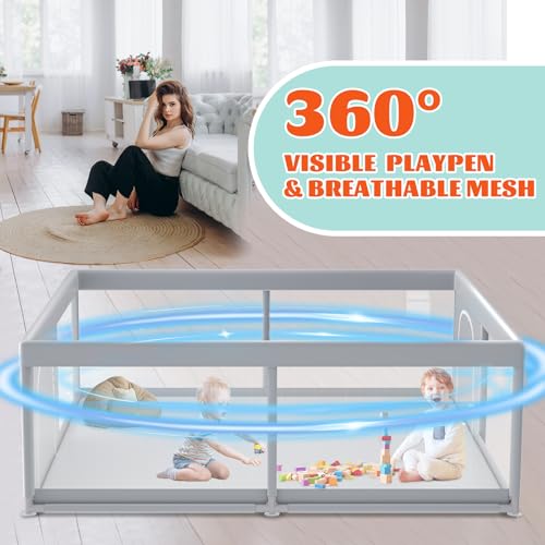 Image of XVISHX Baby Playpen, 79''x79'' Extra Large Playpen for Babies and Toddlers, Baby Fence Play Pen for Indoor & Outdoor, with Soft Breathable Mesh Grey