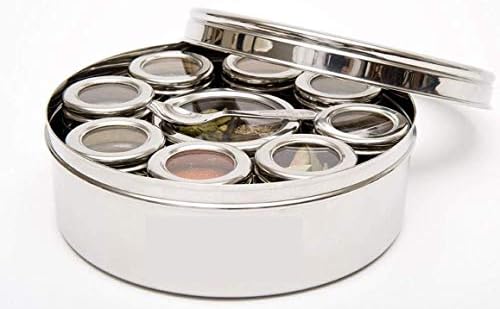 WhopperIndia Stainless Steel Masala Dabba/Spice Box, Acrylic Spice Container with Clear Lid & 7 Spoons, Spice Organizer for Chef - 8 inch