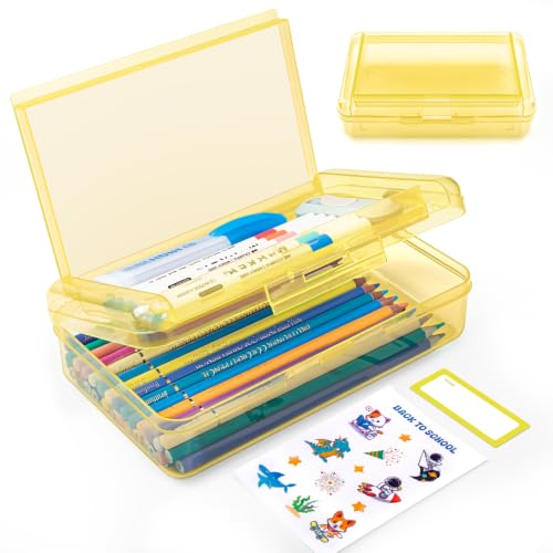 Image of Double Layer Plastic Clear Hard Pencil Cases Box with Personalized sticker | Colored Cute Pen Cases Box for School Office Supplies Marker Crayon Organizer Storage Box,Standard Size