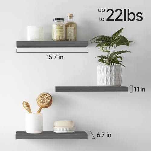 Image of BAYKA Grey Floating Shelves for Wall, Wall Mounted Rustic Wood Shelves for Bathroom, Bedroom, Living Room, Kitchen,Small Hanging Shelf for Books /Storage /Room Decor (Set of 3, 15.7in)