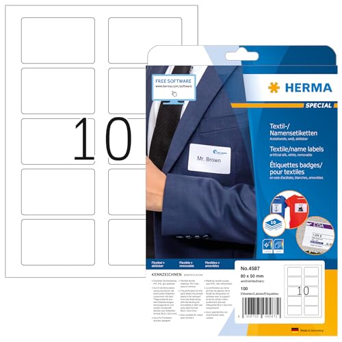 HERMA 4587 Namensetiketten ablösbar, 10 Blatt, 80 x 50 mm, 10 pro A4 Bogen, 100 Stück, selbstklebend, bedruckbar, rückstandsfrei abziehbare Acetatseide Namensaufkleber Etiketten, weiß