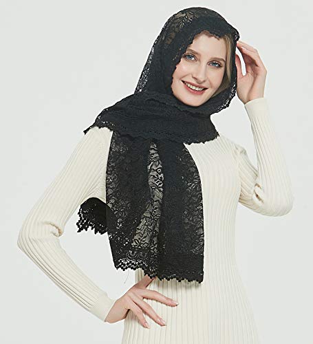 Leimandy Black Long Mantilla Veil Catholic Chapel Church Veil Soft Lace Scarf Head Covering for Latin Mass Religious Ceremony Funearl Daily Wear V31 (Black) - Thumbnail 4