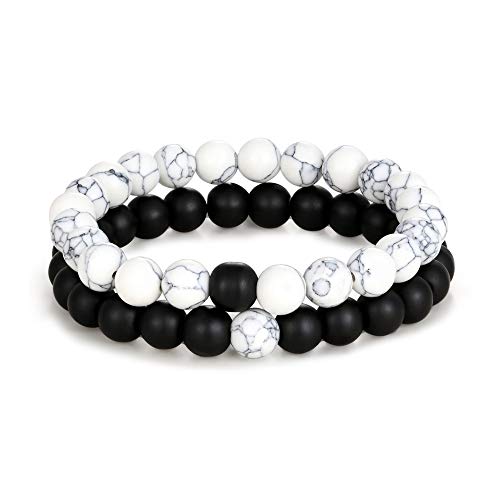Edary Pulsera de distancia de ágata negra mate y howlita blanca con cuentas de piedra natural, juego de pulseras para amigos, relaciones, parejas, joyería para mujeres y hombres Cover