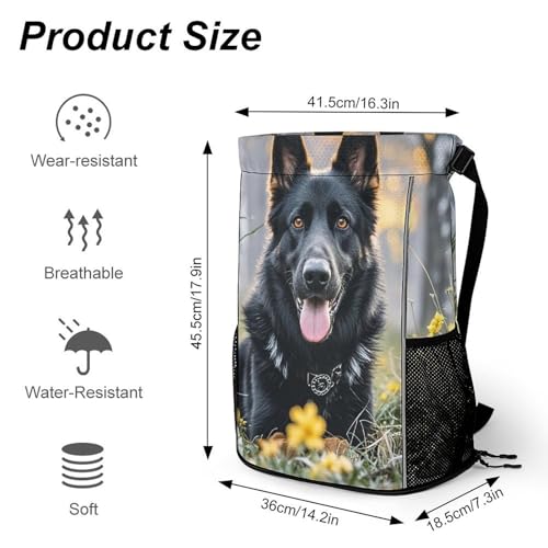 Black German Shepherd Dog Drawstring Backpack with Shoe Compartment Swim Gym Bag Water-Resistant Backpack for Gym Sports Travel And Daily Use2