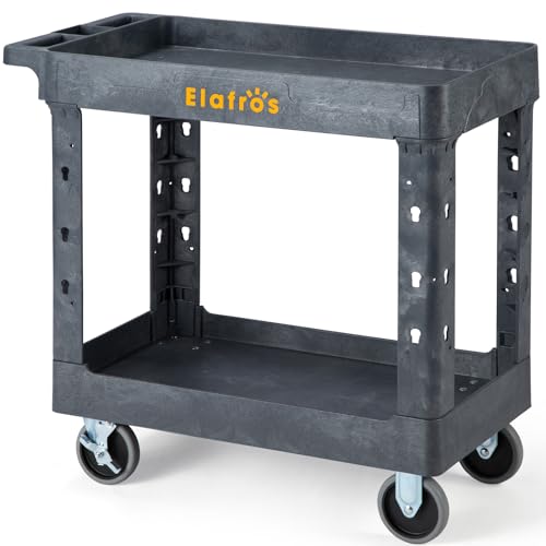 Image of ELAFROS 2-Tier Heavy Duty Rolling Cart, 34 x 17 in, 2 Fixed 2 Swivel, Gray