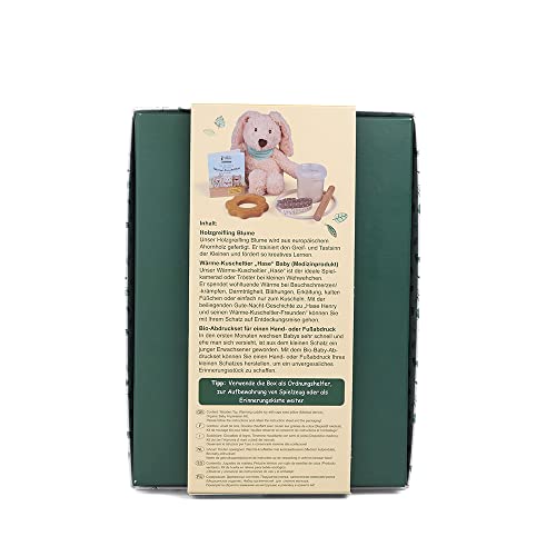 GRÜNSPECHT Kuschel-Box für Babys mit Wärme-Kuscheltier, Holzgreifling, Bio-Abdruckset & Geschichte zum Vorlesen, Geschenk Geburt, Babyparty (GB-006)