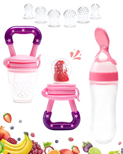 Image of Baby Fruit Feeder Pacifier - 3 Pack | 2 Frozen Fruit Teething Pacifier & 1 Baby Food Spoon Feeder | Baby Silicone Feeder Pacifier | Teething Feeder, Baby Food Feeder Fruit Pacifier (Pink)