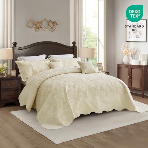 Image of Oversized King Bedspread, Stitched Paisley Quilt Set King /Cal King, Lightweight Reversible Coverlet, Scalloped Edge - Warm Elegant Classic Look, 5 Piece, Ivory Yellow