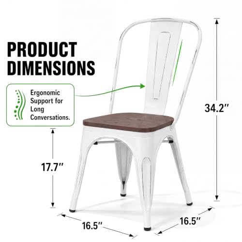 Image of Furmax Metal Dining Chairs with Wood Seat, Indoor-Outdoor Use Stackable Chic Dining Bistro Cafe Side Metal Chairs Set of 4(White)