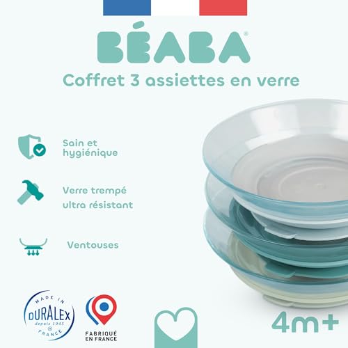 Assiettes en verre trempé avec ventouses BÉABA coffret bébé sain