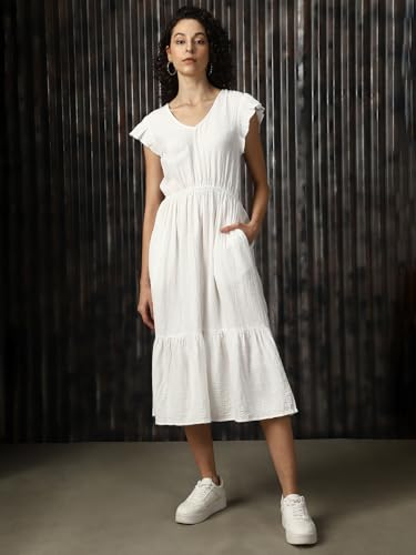 Image of High Star Women Cotton Solid Regular fit V-Neck Sleeveless Dresses