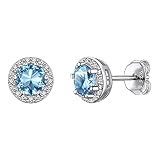 925 Sterling Silver Round Brilliant Cut Cubic Zirconia CZ Stud Earrings Dainty Small Comfortable Simulated Blue Aquamarine March Birthstone Hypoallergenic Earrings for Women Girls Teens